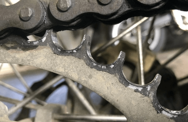 Worn motorcycle chain and sprocket