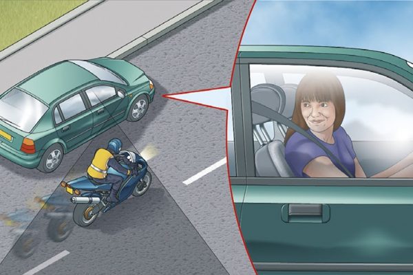 computer render of motorcycle filtering next to a car